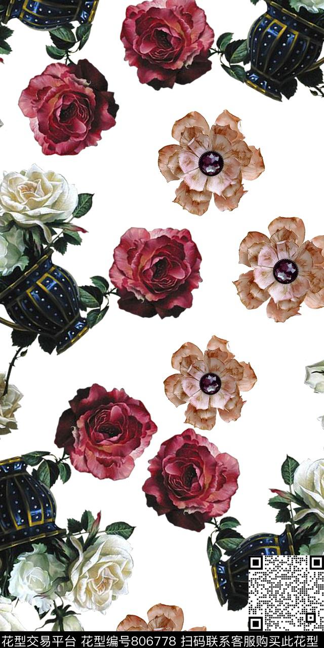 玉兰花兰花玫瑰数码印花华亿平台下载（图片编号: 806778） - 瓦栏（Walan）