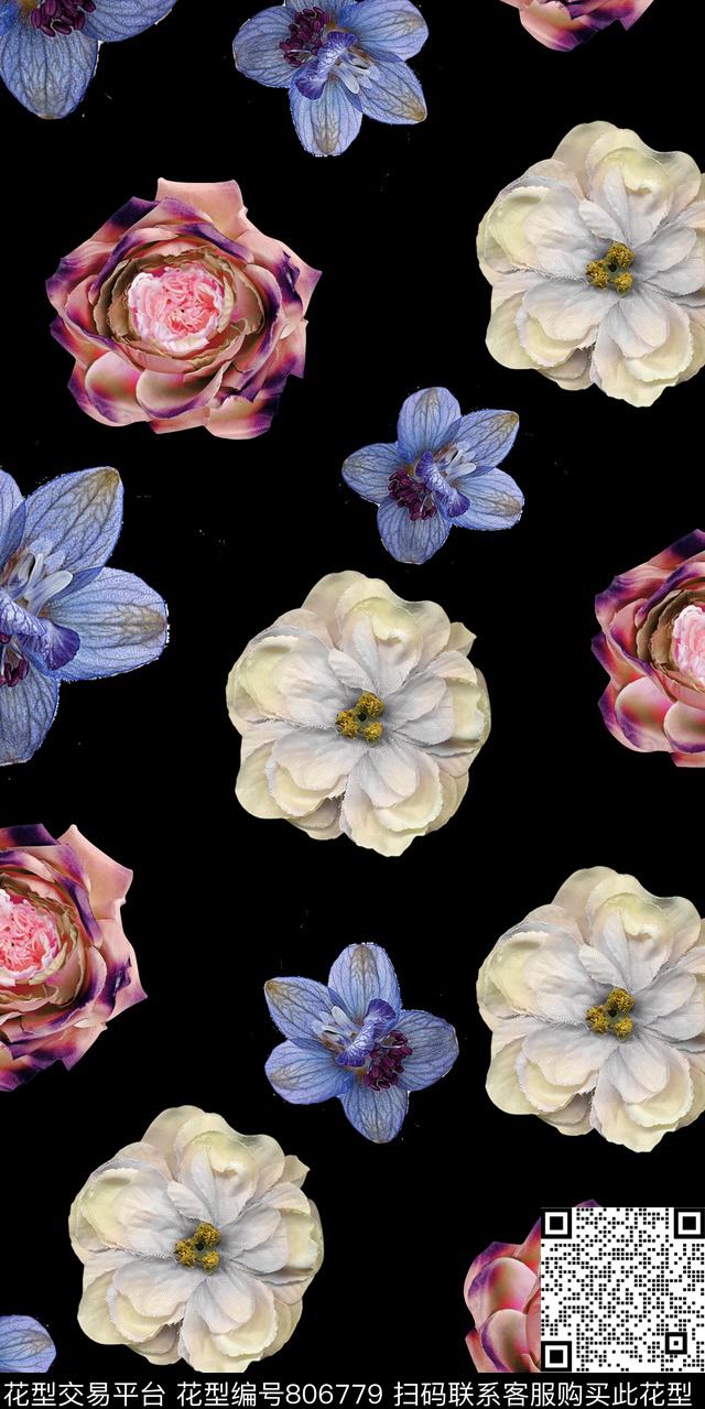 玉兰花兰花玫瑰数码印花华亿平台下载（图片编号: 806779） - 瓦栏（Walan）