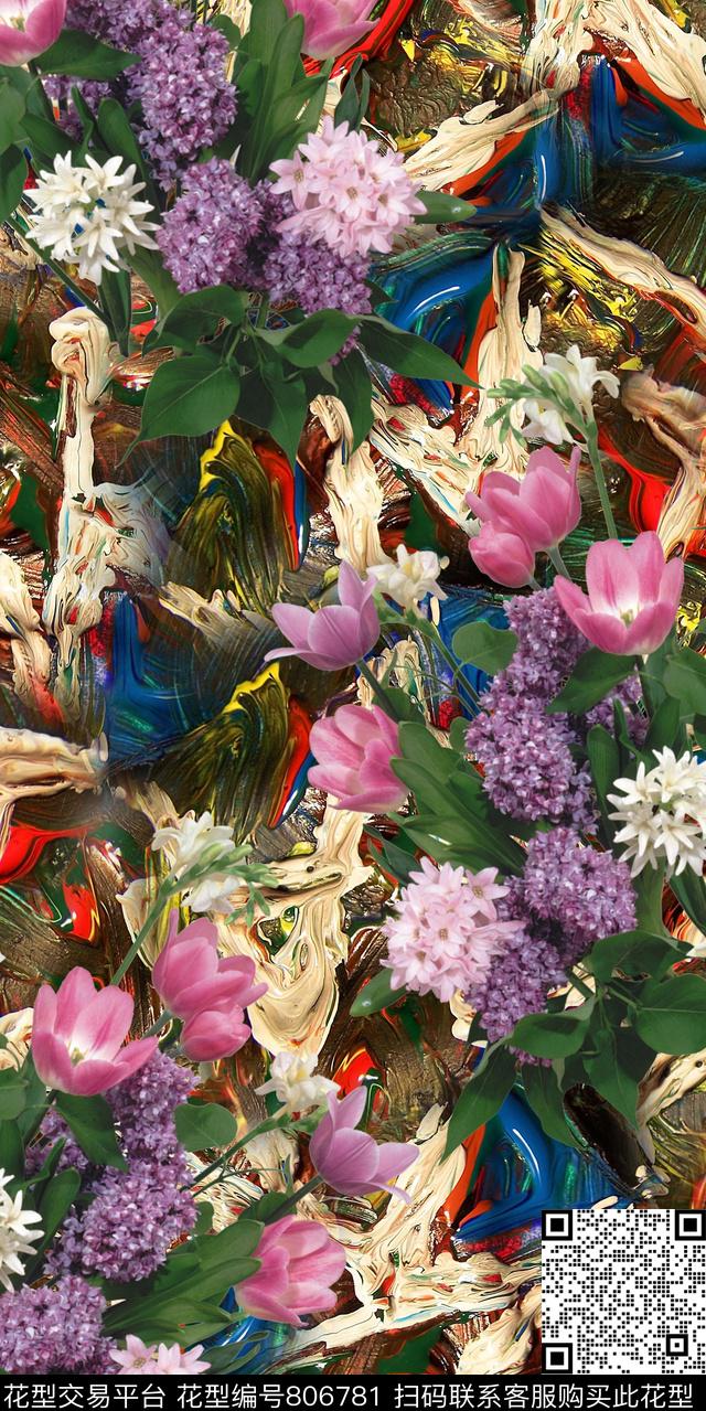 玉兰花兰花玫瑰数码印花华亿平台下载（图片编号: 806781） - 瓦栏（Walan）