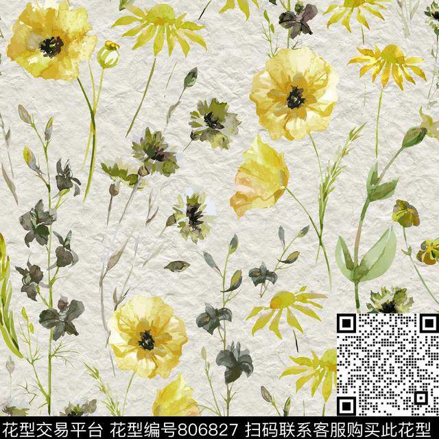 纹路花朵水彩数码印花华亿平台下载（图片编号: 806827） - 瓦栏（Walan）