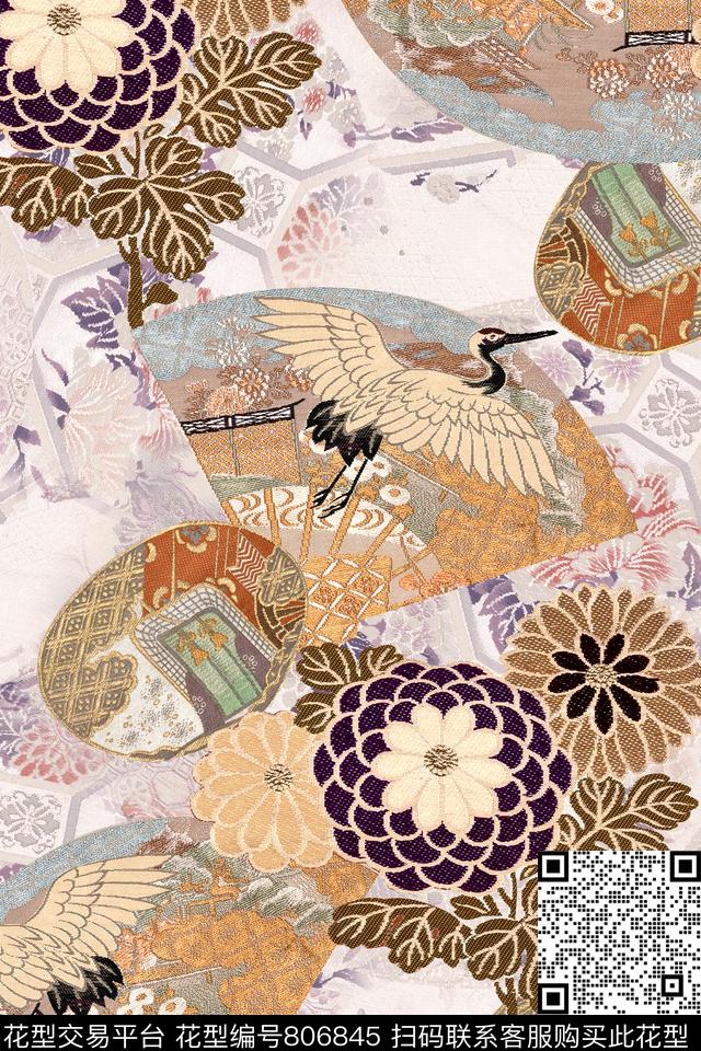 中国风仙鹤花卉数码印花华亿平台下载（图片编号: 806845） - 瓦栏（Walan）