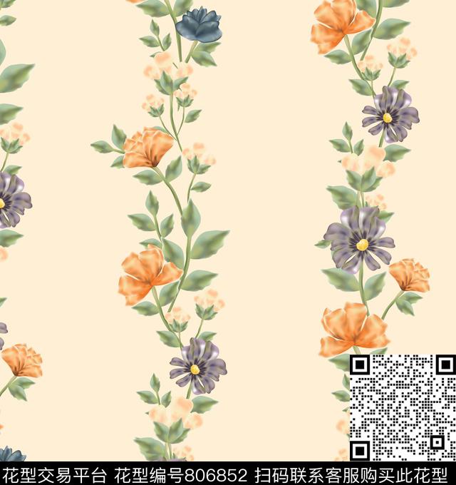 花朵花卉手绘传统印花华亿平台下载（图片编号: 806852） - 瓦栏（Walan）