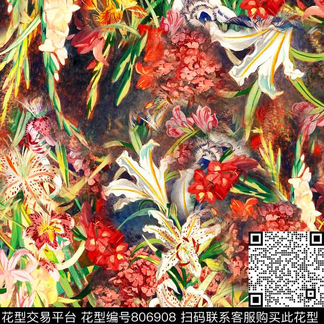 百合油画花卉小花数码印花华亿平台下载（图片编号: 806908） - 瓦栏（Walan）