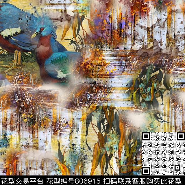 油画鸟花卉数码印花华亿平台下载（图片编号: 806915） - 瓦栏（Walan）