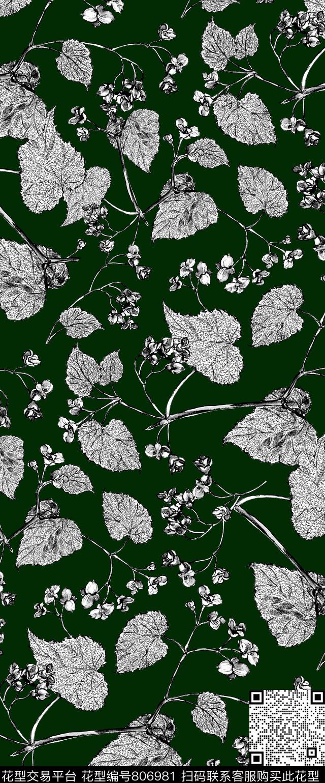 小碎花树叶黑白花传统印花华亿平台下载（图片编号: 806981） - 瓦栏（Walan）