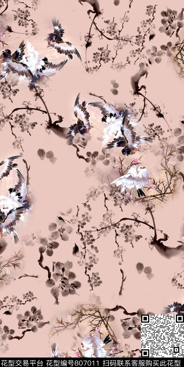 仙鹤国画玉兰花数码印花华亿平台下载（图片编号: 807011） - 瓦栏（Walan）