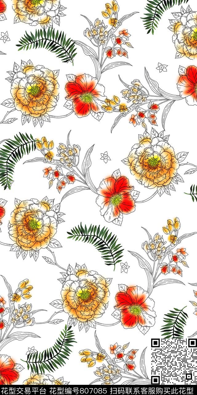 花卉乱花水彩花数码印花华亿平台下载（图片编号: 807085） - 瓦栏（Walan）