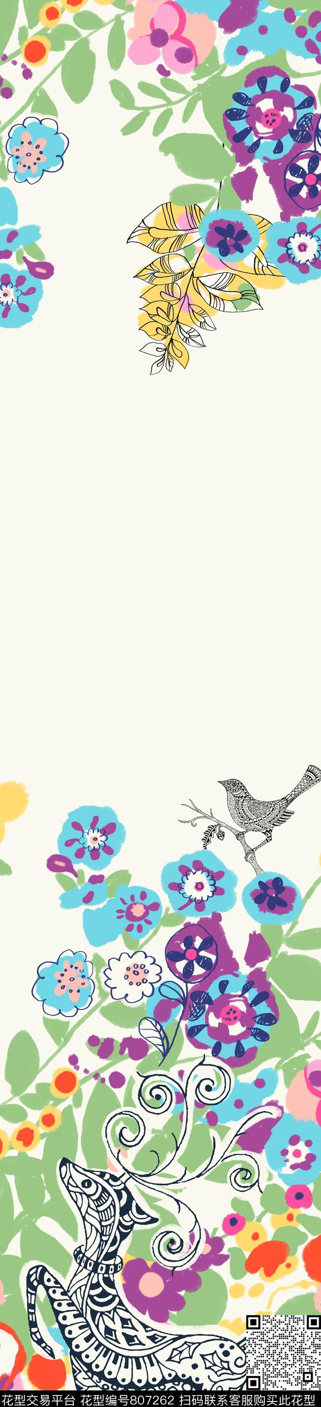 花卉小鹿抽象花数码印花华亿平台下载（图片编号: 807262） - 瓦栏（Walan）