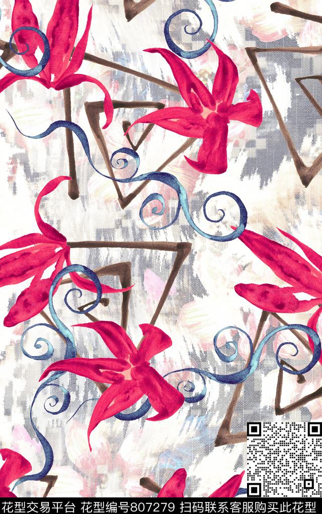 花朵纹路水彩数码印花华亿平台下载（图片编号: 807279） - 瓦栏（Walan）