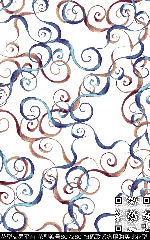 卷草纹民族风水彩数码印花华亿平台下载（图片编号: 807280） - 瓦栏（Walan）