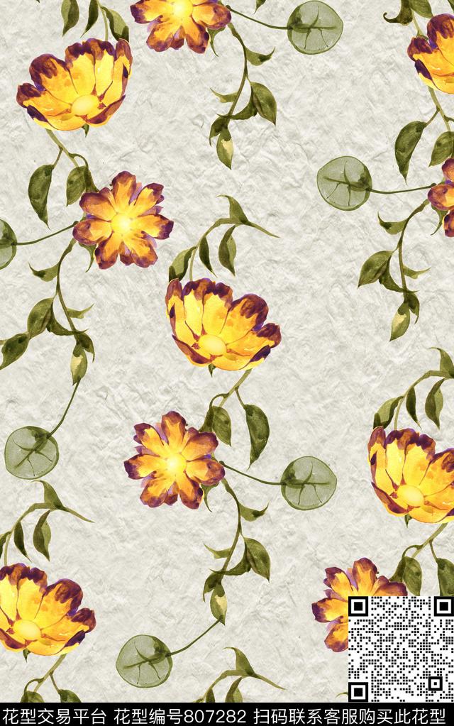 花朵纹路水彩数码印花华亿平台下载（图片编号: 807282） - 瓦栏（Walan）