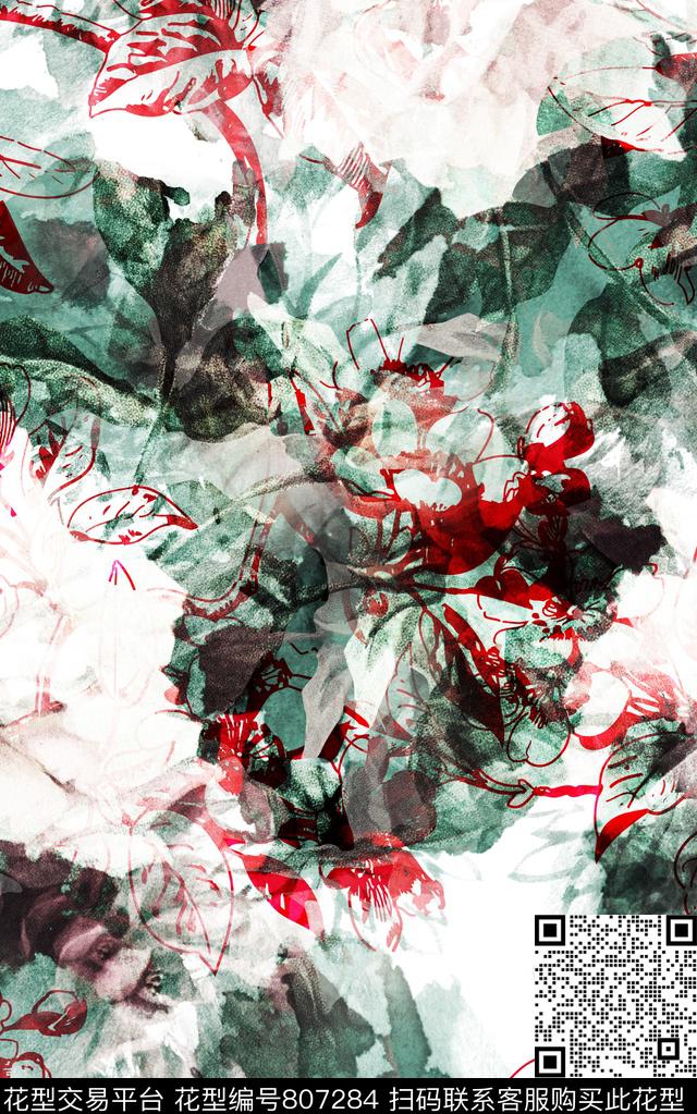 花朵纹路水彩数码印花华亿平台下载（图片编号: 807284） - 瓦栏（Walan）