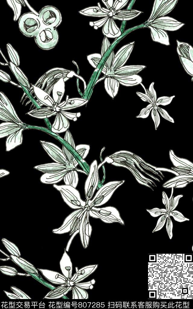 花卉水彩线描数码印花华亿平台下载（图片编号: 807285） - 瓦栏（Walan）
