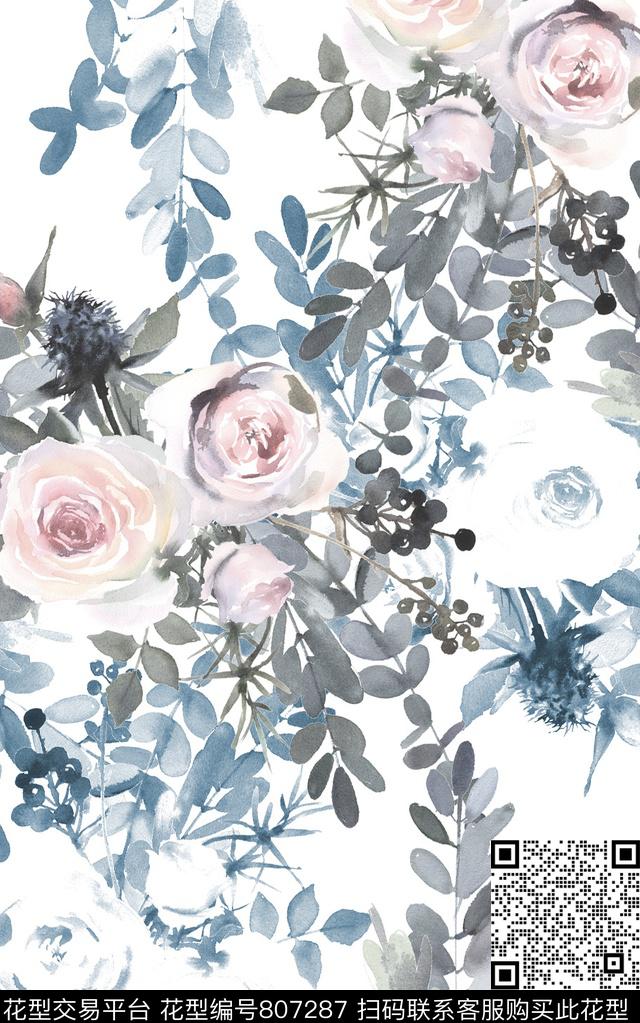 花朵花卉水彩数码印花华亿平台下载（图片编号: 807287） - 瓦栏（Walan）
