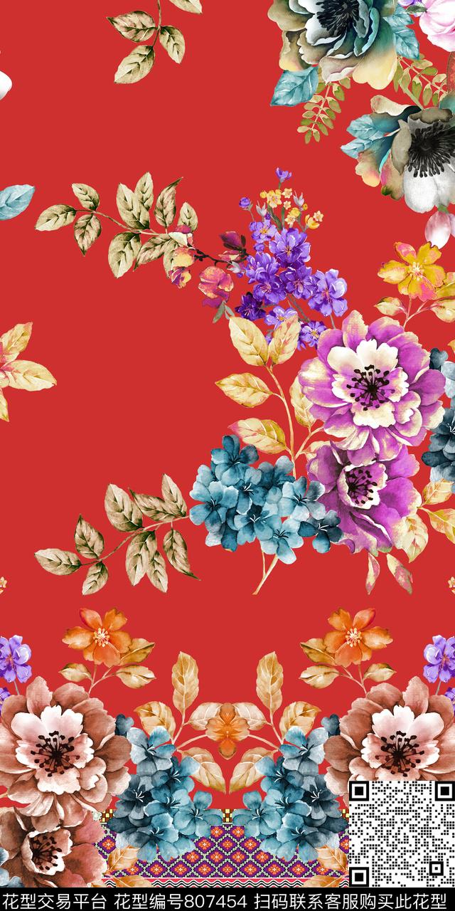 民族风水彩花卉数码印花华亿平台下载（图片编号: 807454） - 瓦栏（Walan）