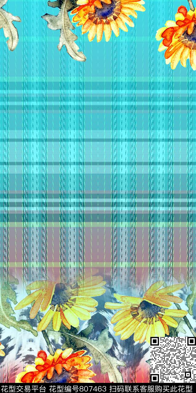 格子花卉水彩数码印花华亿平台下载（图片编号: 807463） - 瓦栏（Walan）