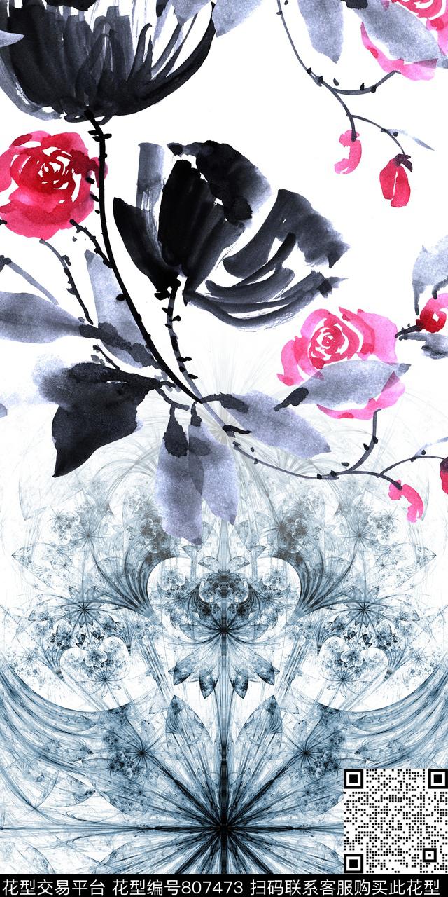 花卉水彩水墨数码印花华亿平台下载（图片编号: 807473） - 瓦栏（Walan）