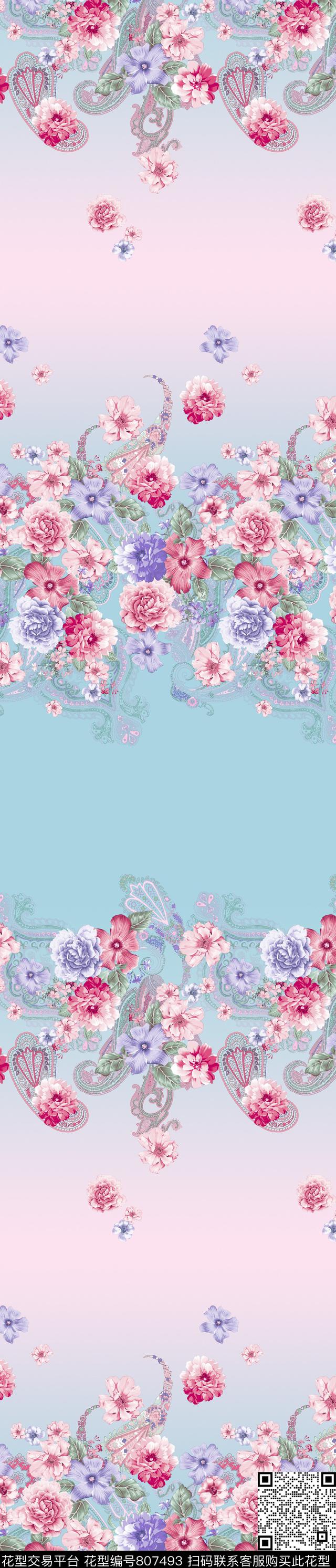 花朵彩条花卉传统印花华亿平台下载（图片编号: 807493） - 瓦栏（Walan）