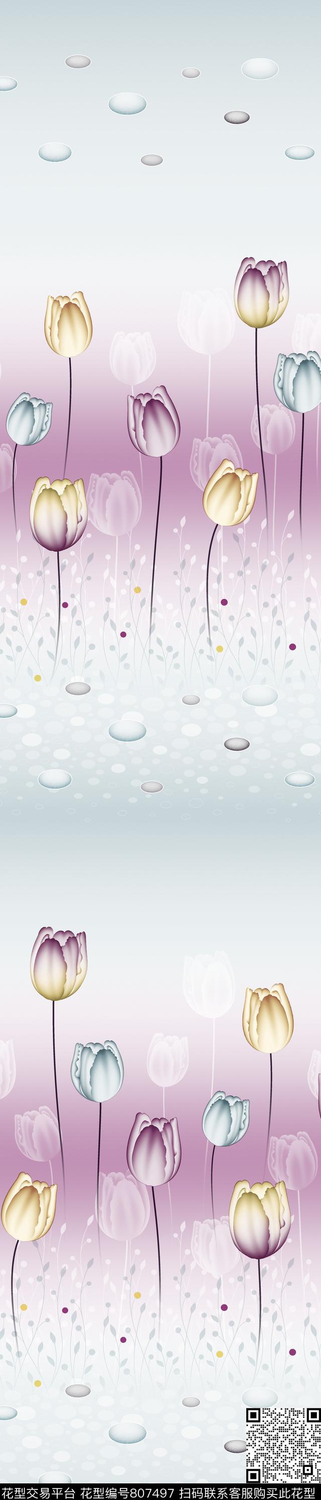 郁金香花卉彩条传统印花华亿平台下载（图片编号: 807497） - 瓦栏（Walan）