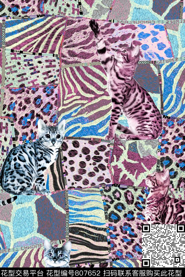 动物纹格子猫数码印花华亿平台下载（图片编号: 807652） - 瓦栏（Walan）
