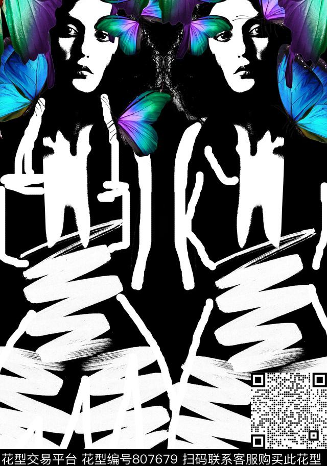 时尚独幅趣味时尚女郎印花女性头像蝴蝶数码印花华亿平台下载（图片编号: 807679） - 瓦栏（Walan）