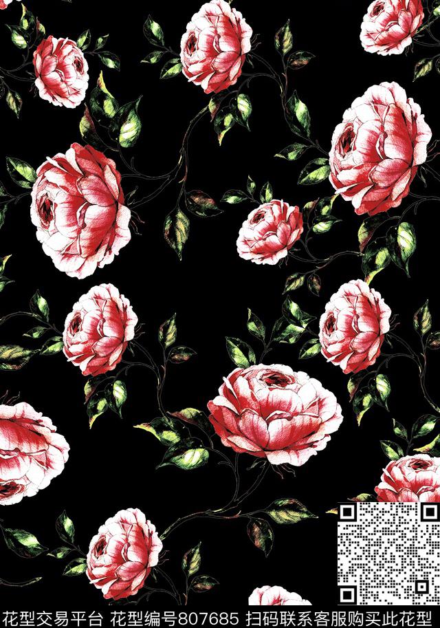 玫瑰花藤蔓玫瑰时尚写意传统印花华亿平台下载（图片编号: 807685） - 瓦栏（Walan）