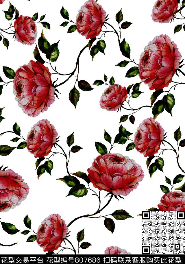 玫瑰花藤蔓玫瑰时尚写意传统印花华亿平台下载（图片编号: 807686） - 瓦栏（Walan）