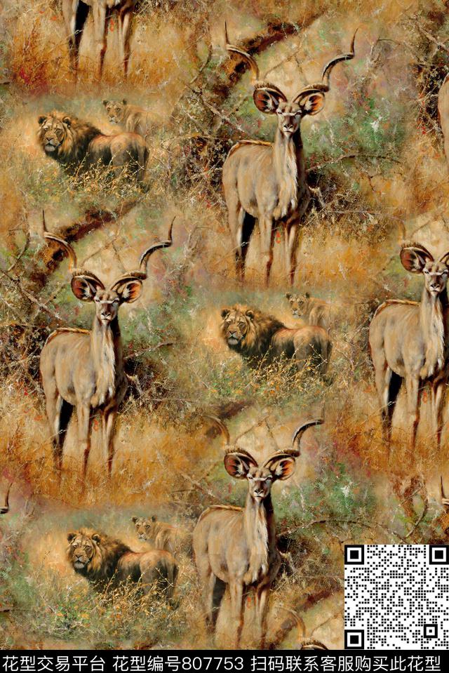 老虎小鹿树林数码印花华亿平台下载（图片编号: 807753） - 瓦栏（Walan）