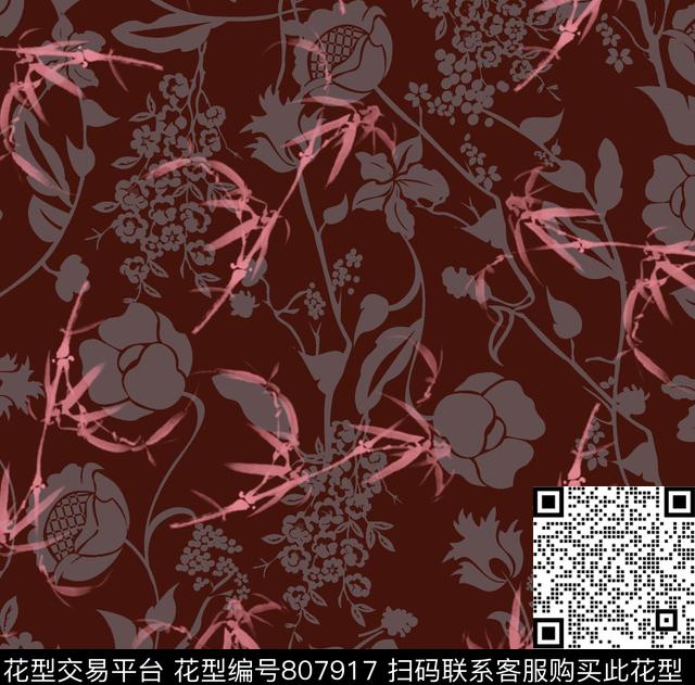 手绘花朵竹子传统印花华亿平台下载（图片编号: 807917） - 瓦栏（Walan）