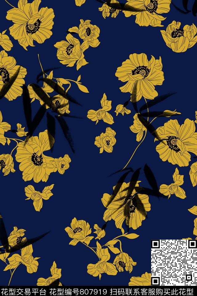 手绘花卉花朵传统印花华亿平台下载（图片编号: 807919） - 瓦栏（Walan）