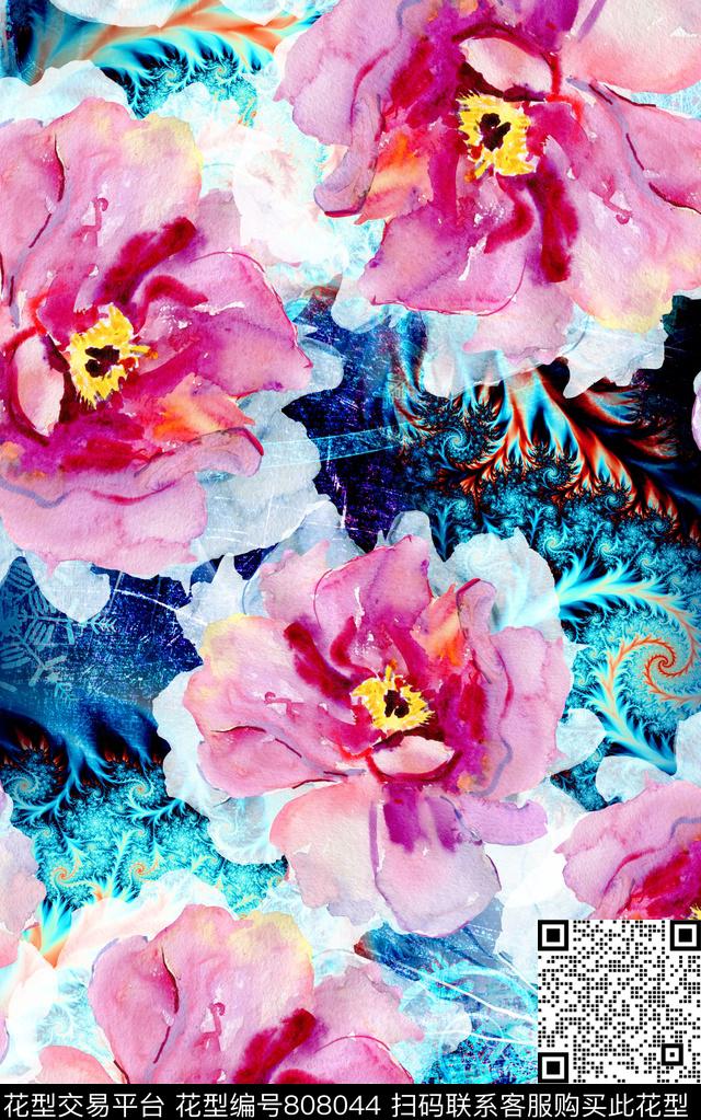 花卉水彩肌理数码印花华亿平台下载（图片编号: 808044） - 瓦栏（Walan）