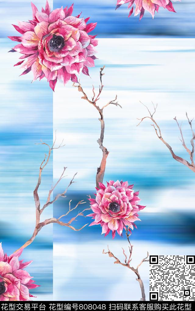 水印花卉枝条数码印花华亿平台下载（图片编号: 808048） - 瓦栏（Walan）