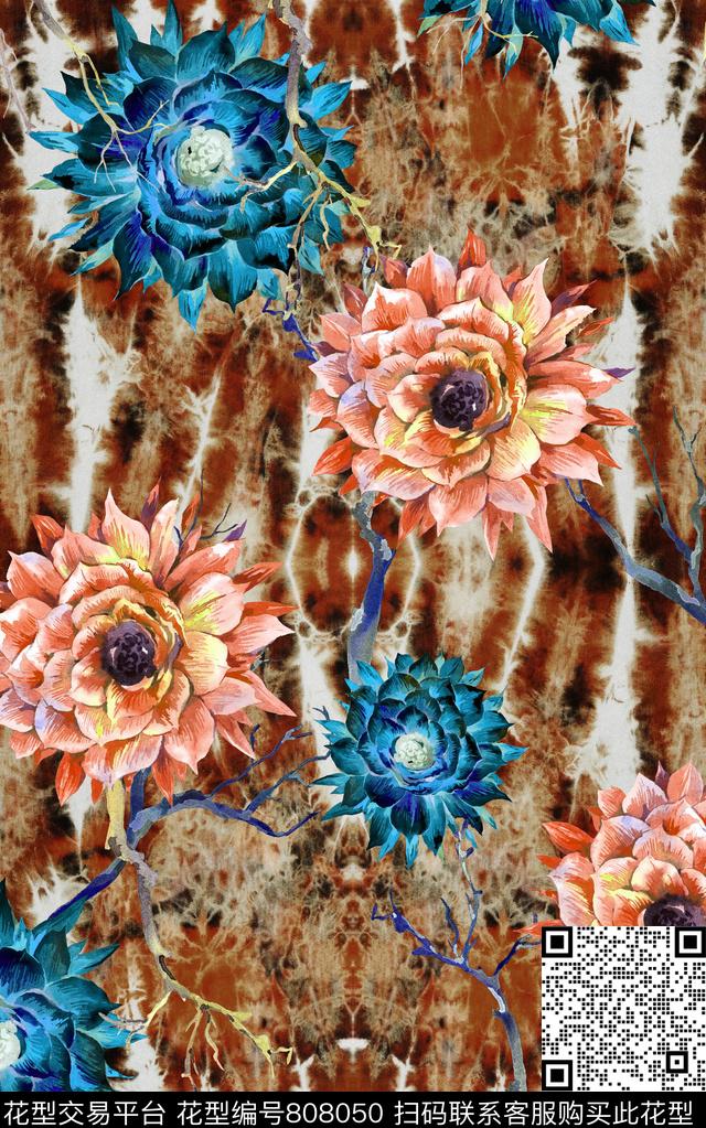 花卉花朵水彩数码印花华亿平台下载（图片编号: 808050） - 瓦栏（Walan）