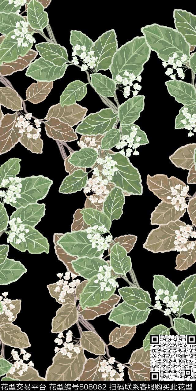 叶子线条花朵数码印花华亿平台下载（图片编号: 808062） - 瓦栏（Walan）
