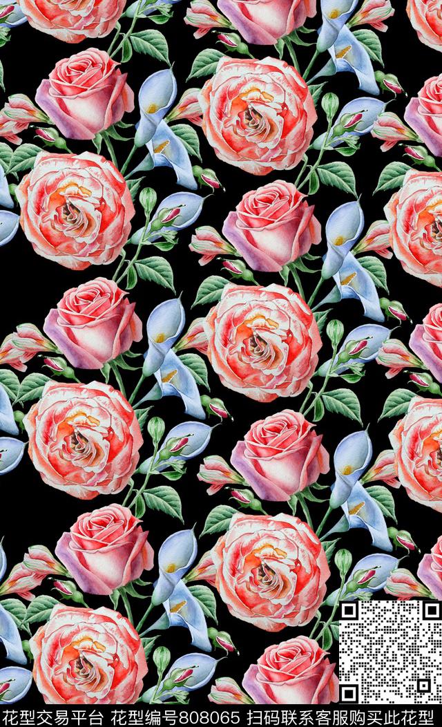 玫瑰花卉牵牛花数码印花华亿平台下载（图片编号: 808065） - 瓦栏（Walan）
