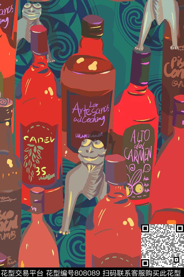 未来主义复古绿酒瓶传统印花华亿平台下载（图片编号: 808089） - 瓦栏（Walan）