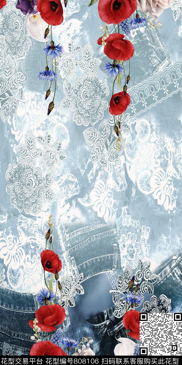 牛仔花卉水印数码印花华亿平台下载（图片编号: 808106） - 瓦栏（Walan）
