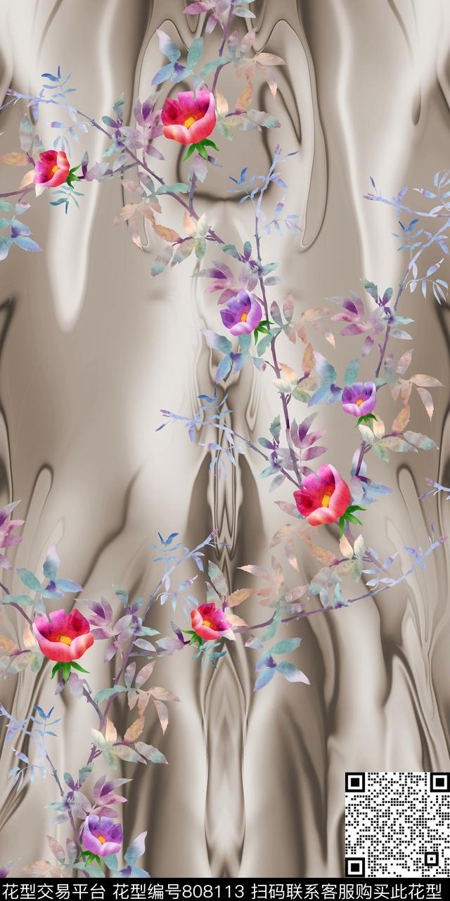 水印水彩叶子数码印花华亿平台下载（图片编号: 808113） - 瓦栏（Walan）