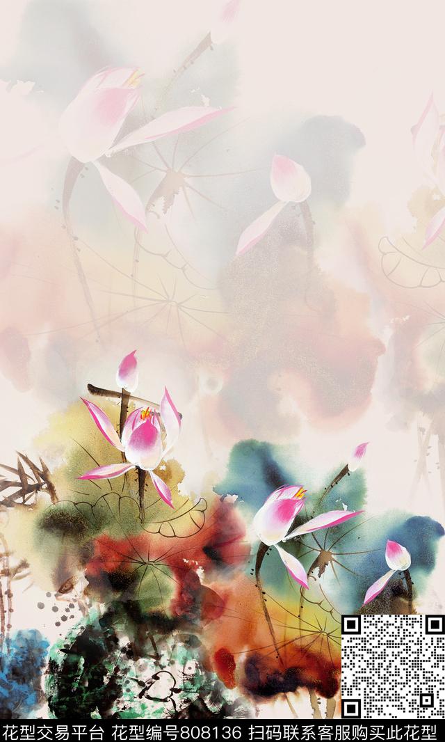 油画荷花写意数码印花华亿平台下载（图片编号: 808136） - 瓦栏（Walan）