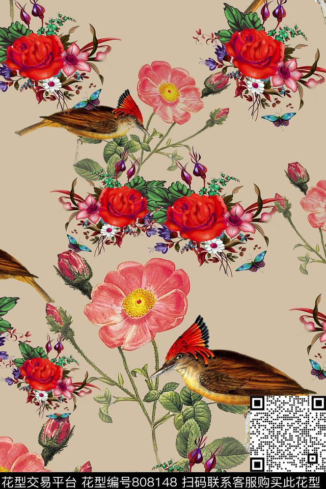 花鸟大花玫瑰数码印花华亿平台下载（图片编号: 808148） - 瓦栏（Walan）