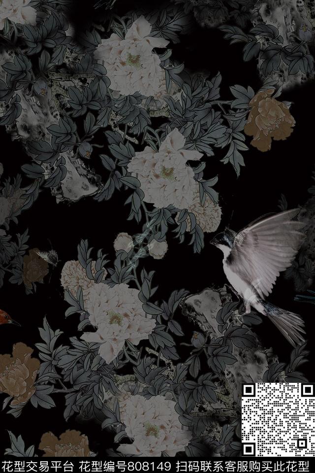 中国风花鸟牡丹数码印花华亿平台下载（图片编号: 808149） - 瓦栏（Walan）