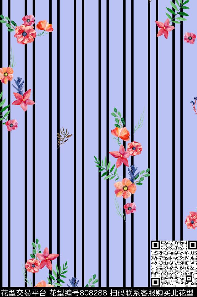 花卉细条纹小花数码印花华亿平台下载（图片编号: 808288） - 瓦栏（Walan）