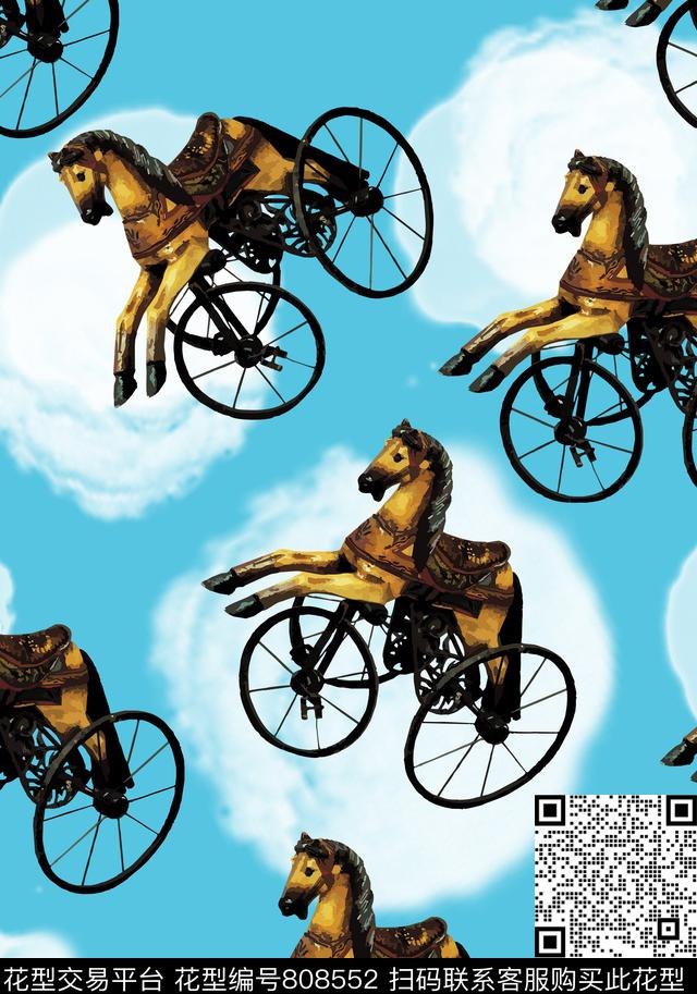 天空白云马车传统印花华亿平台下载（图片编号: 808552） - 瓦栏（Walan）