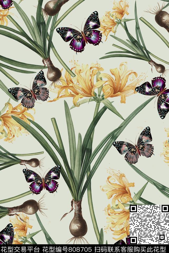 蝴蝶手绘花卉古典花纹数码印花华亿平台下载（图片编号: 808705） - 瓦栏（Walan）