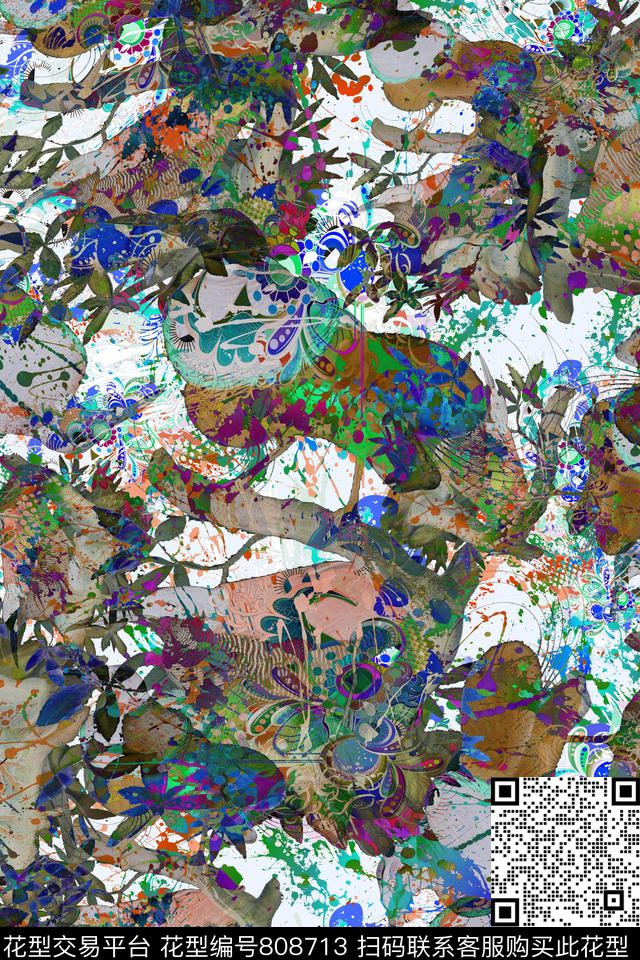 华亿平台抽象油画花鸟图案数码印花华亿平台下载（图片编号: 808713） - 瓦栏（Walan）