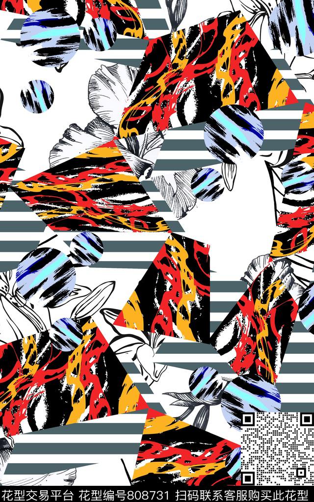 线描色块几何数码印花华亿平台下载（图片编号: 808731） - 瓦栏（Walan）