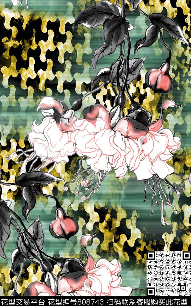 几何手绘花朵数码印花华亿平台下载（图片编号: 808743） - 瓦栏（Walan）