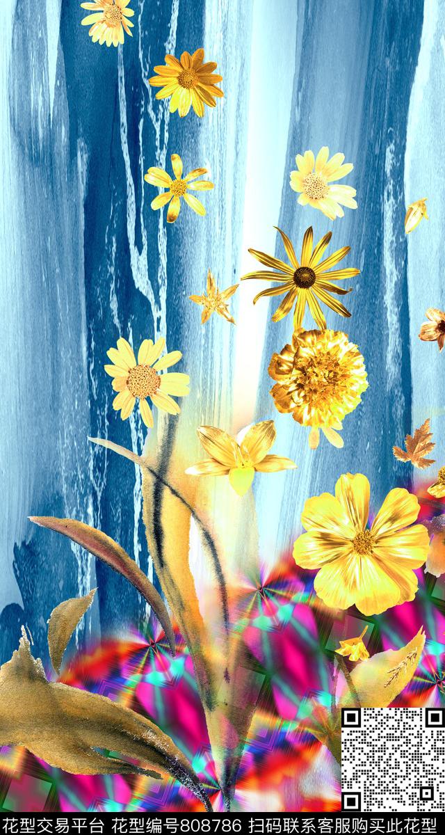 花朵水彩抽象数码印花华亿平台下载（图片编号: 808786） - 瓦栏（Walan）