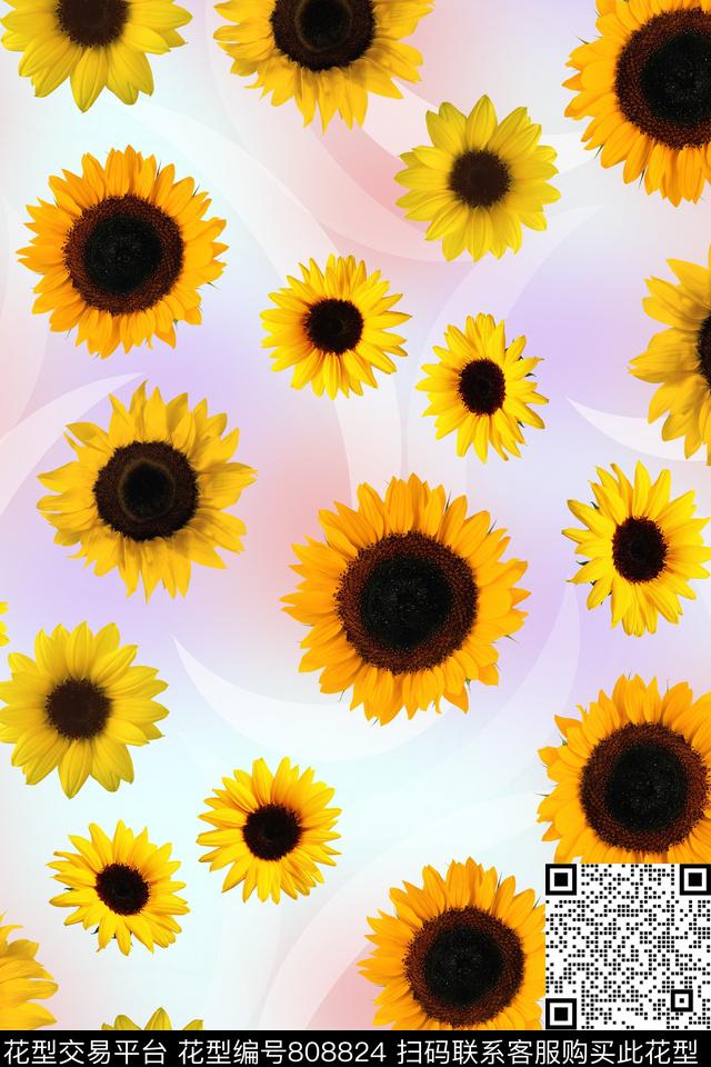 几何花卉组合花朵向日葵数码印花华亿平台下载（图片编号: 808824） - 瓦栏（Walan）