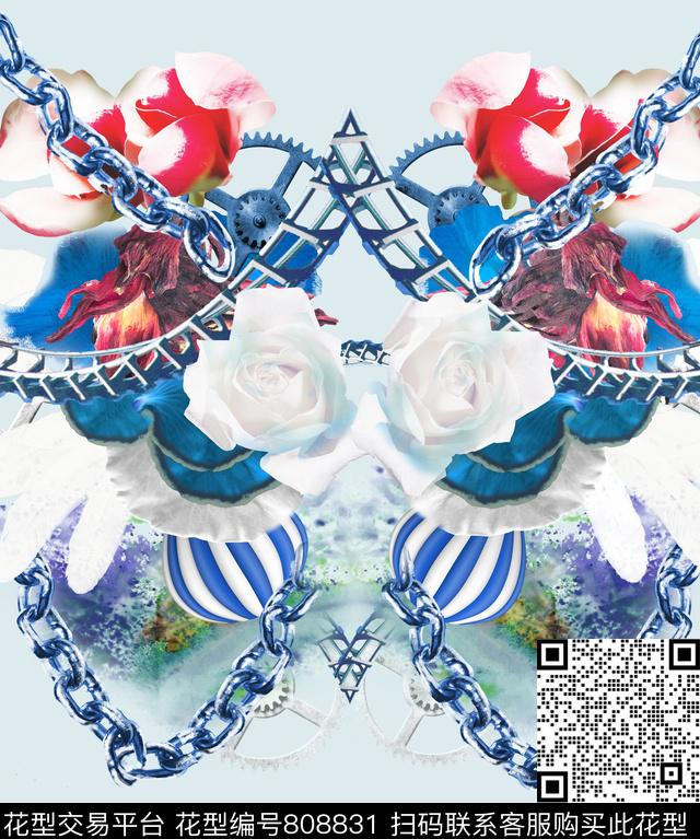 链条齿轮花卉数码印花华亿平台下载（图片编号: 808831） - 瓦栏（Walan）
